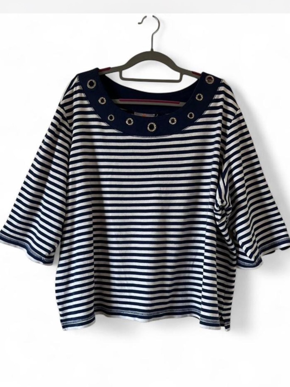 Quacker Factory Navy & White Striped Grommet-Trim Boatneck Top